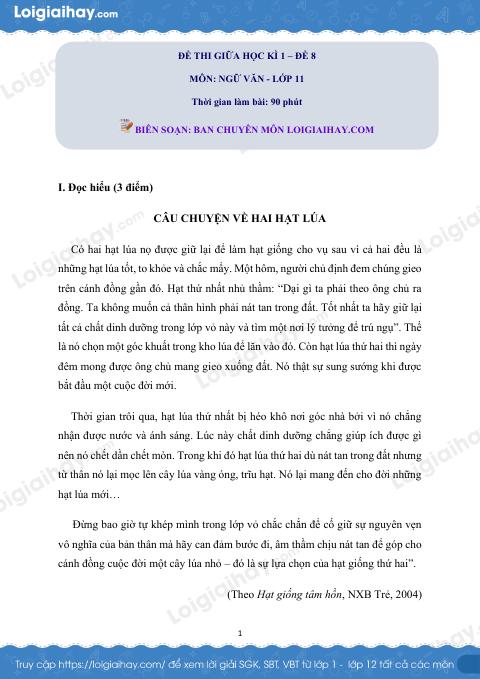 Đề kiểm tra giữa học kì I Ngữ văn 11 - Đề số 8 có lời giải chi tiết
